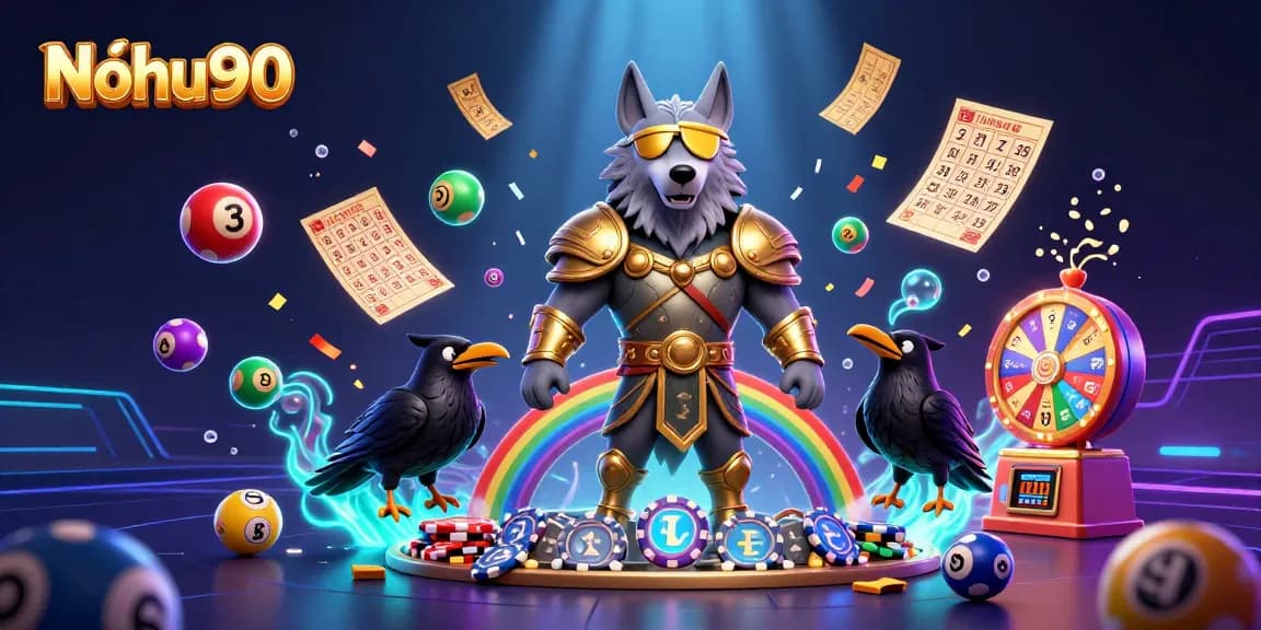 Nohu90 gaming scene featuring Norse mythology characters among casino chips and lottery elements.