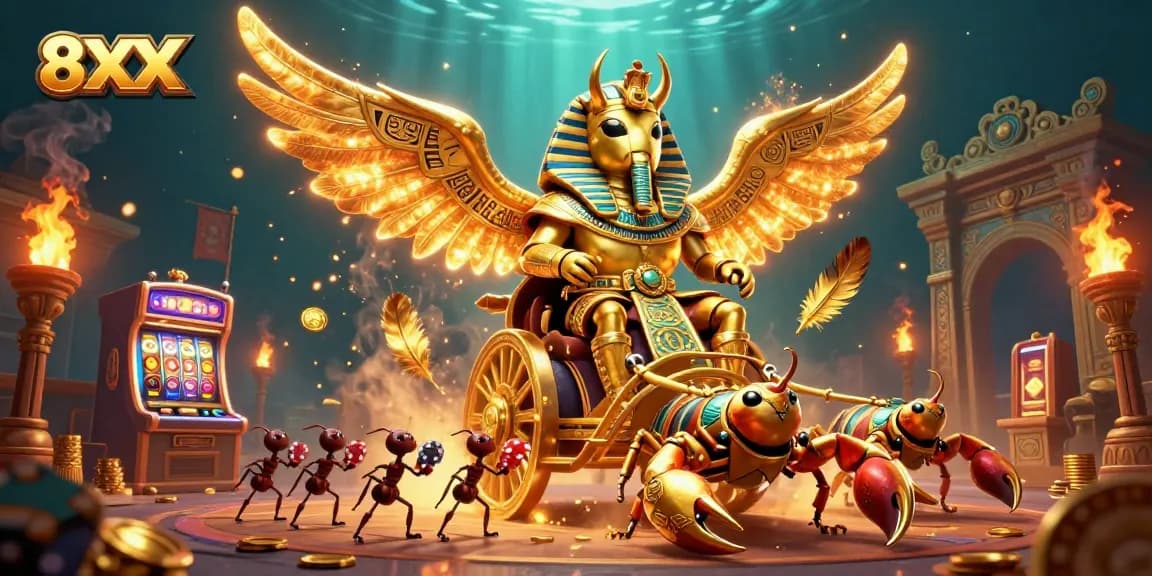 Engage with 8XX casino adventures featuring a golden scarab, scorpions, and slot machines.