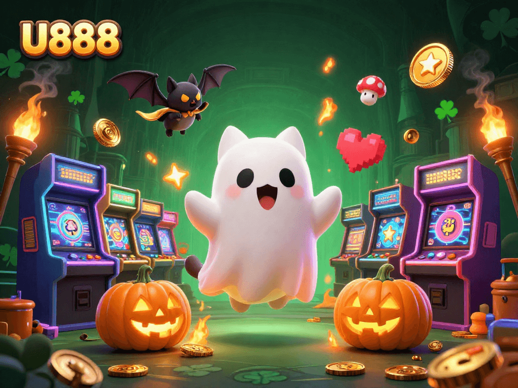 Experience thrill at U888 with a spectral cat in a haunted casino, alongside glowing jack-o-lanterns.