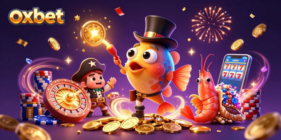 Experience winning with oxbet in this vibrant 3D casino scene featuring lucky symbols and characters.