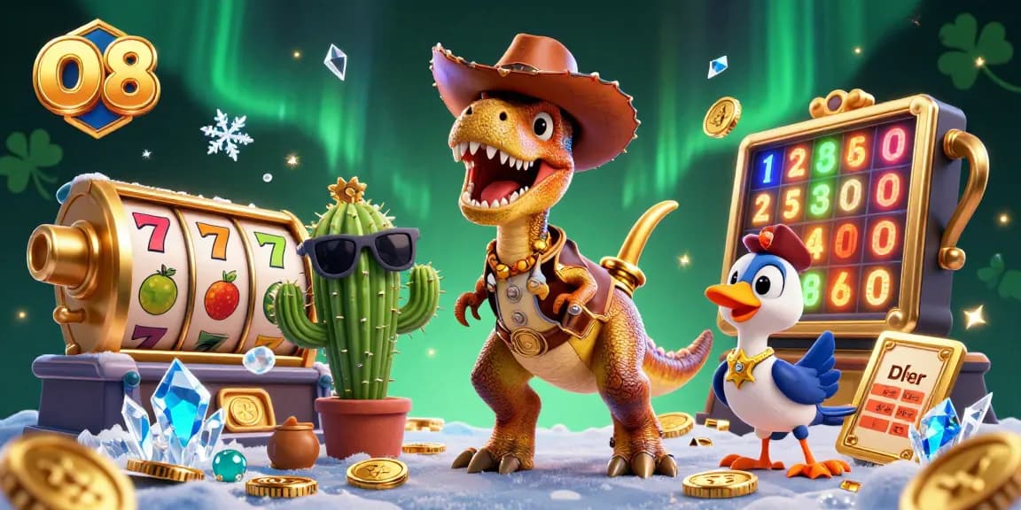 Engage with the thrill of O8's casino scene featuring a lively T-Rex in action.