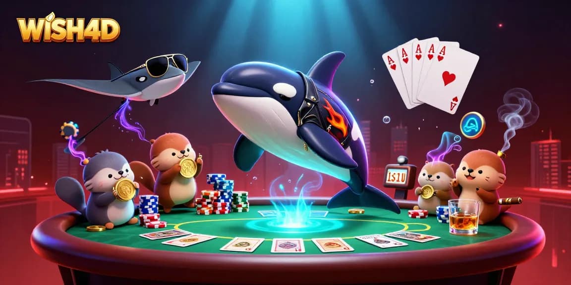 WISH4D orca jumping in a vibrant casino scene with poker elements and glowing effects