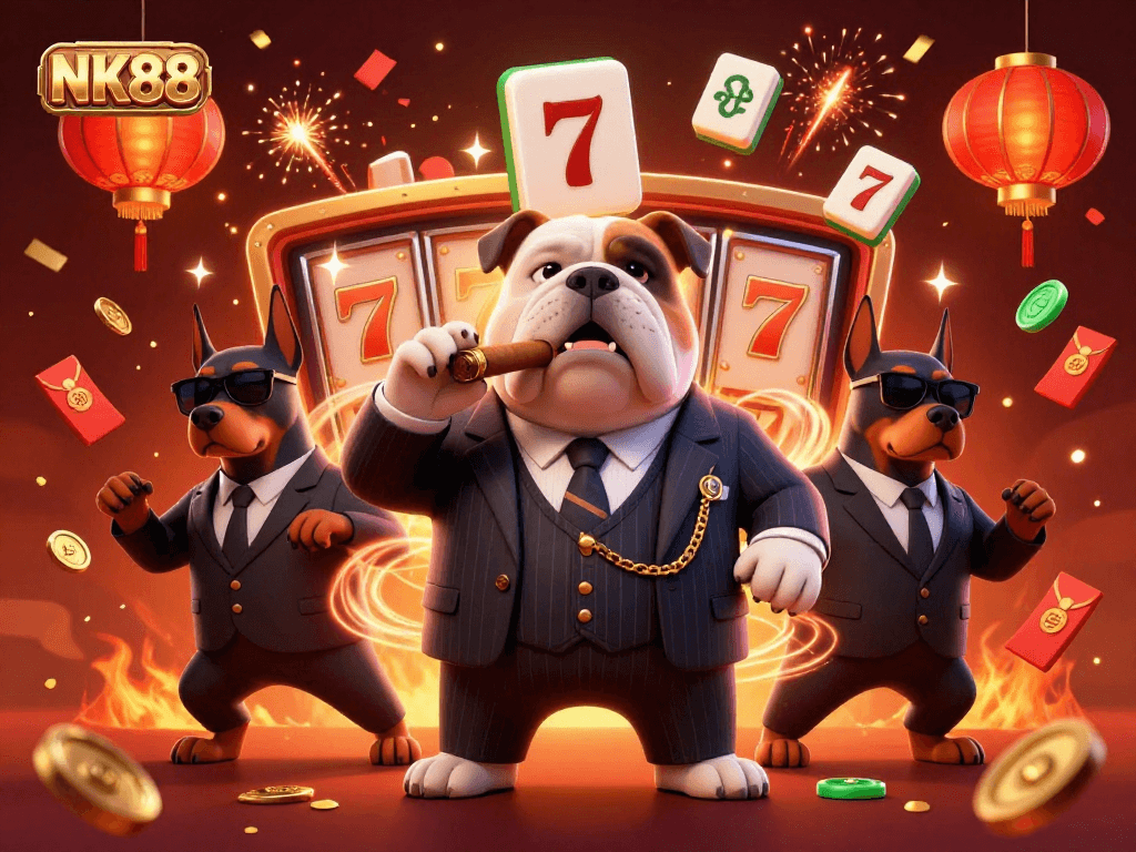 NK88 showcases a 3D mafia boss bulldog surrounded by slot reels and festive decorations.