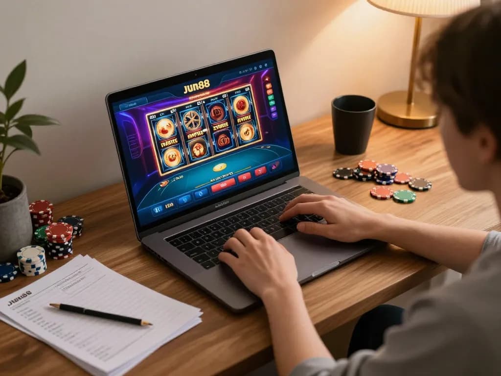 Player engaging in online gambling with jun88 on a laptop in a cozy home environment