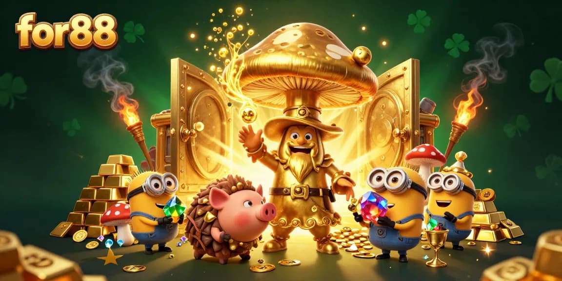 Join the magic of for88 with golden treasures and whimsical characters in a vibrant casino scene.