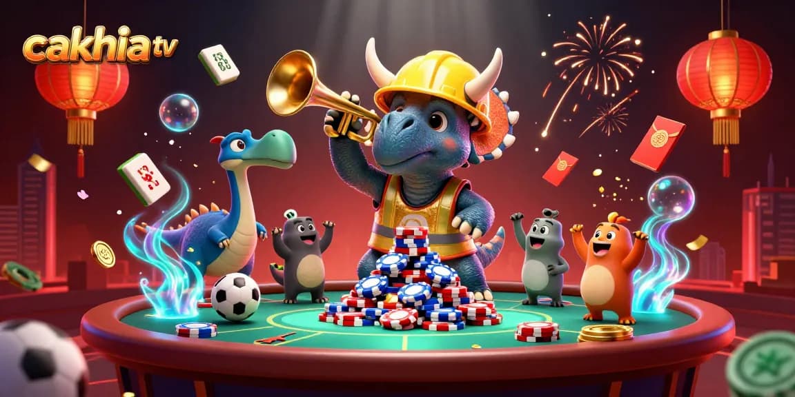 Cakhia tv showcases a lively scene of characters celebrating with poker chips and sports balls, connected to dynamic gambling activities.