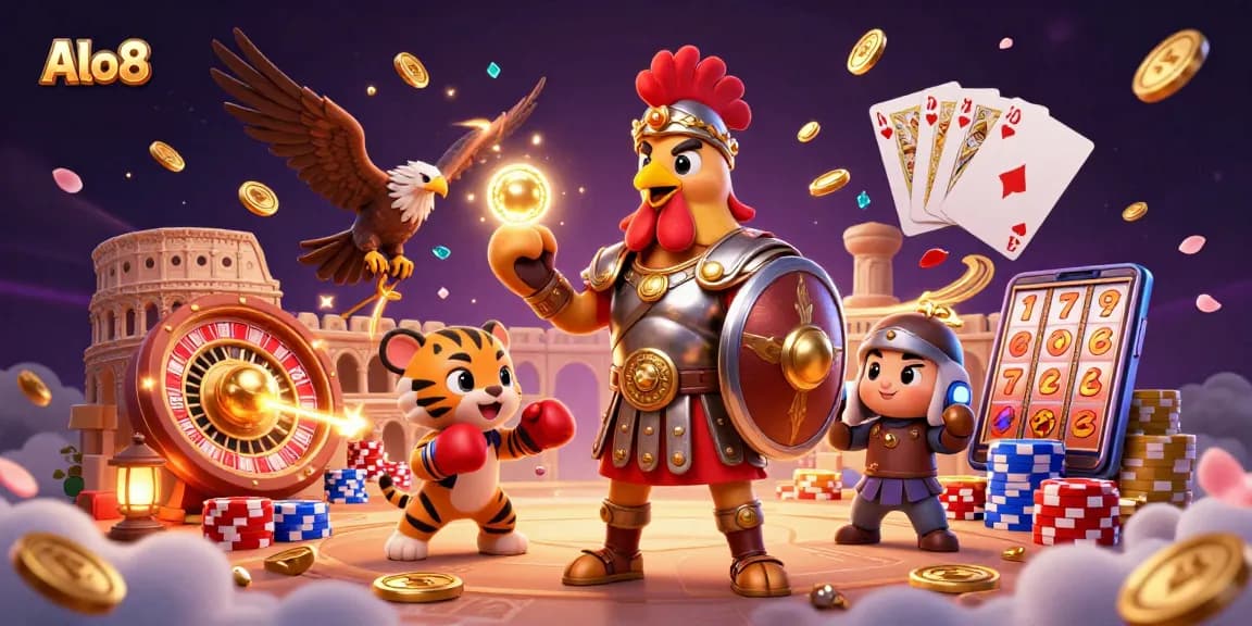Alo8 showcases a vibrant scene with a gladiator rooster, tiger cub, and eagle amidst dynamic casino elements.