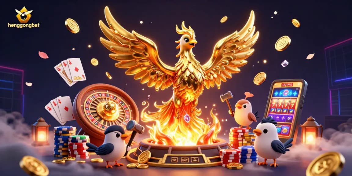 Experience excitement at hengongbet with a golden phoenix and casino games in a dynamic 3D scene.