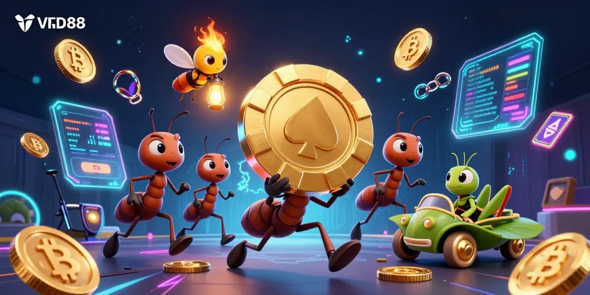 Engage with VND88's thrilling heist featuring animated ants, neon crypto elements, and vibrant casino visuals.