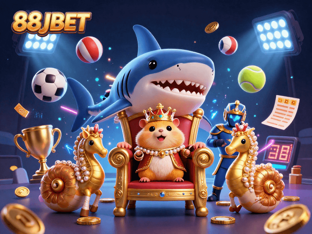 Experience 88JBET's vibrant gaming energy with a golden hamster king and dynamic sports elements in 3D.