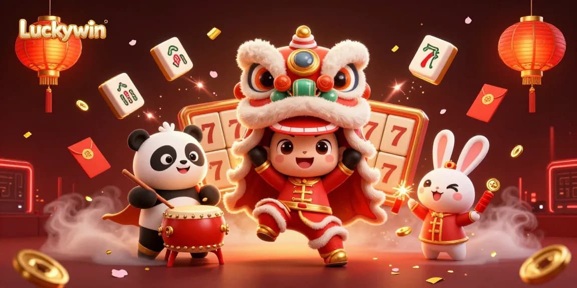 Experience Luckywin's dynamic casino scene with vibrant characters, festive decorations, and thrilling game elements.