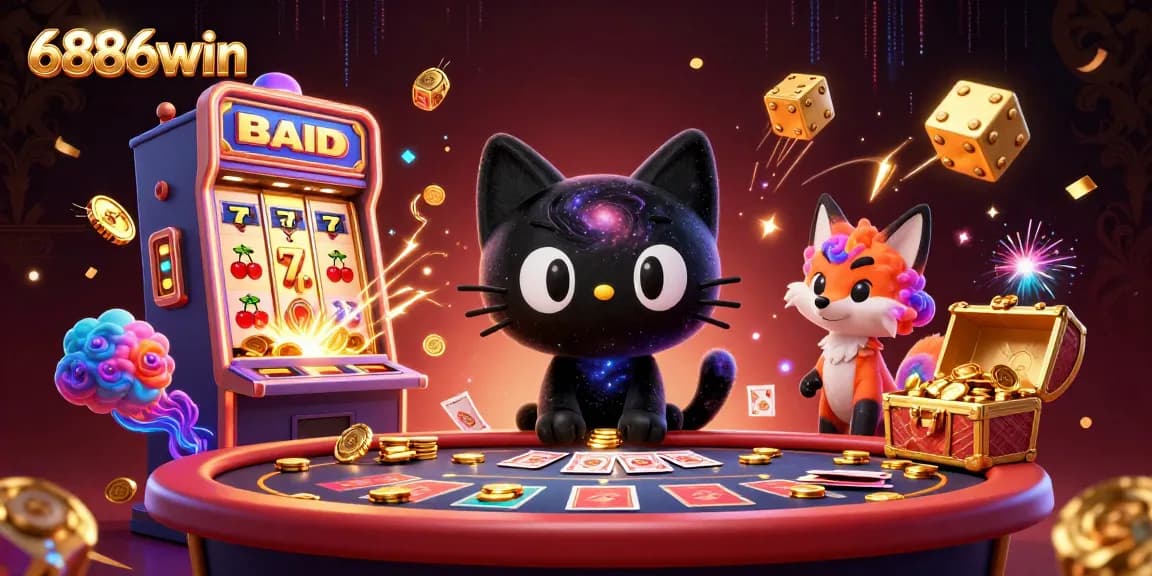 Experience the excitement of 6886win with thrilling casino games, golden chips, and vibrant cosmic elements.