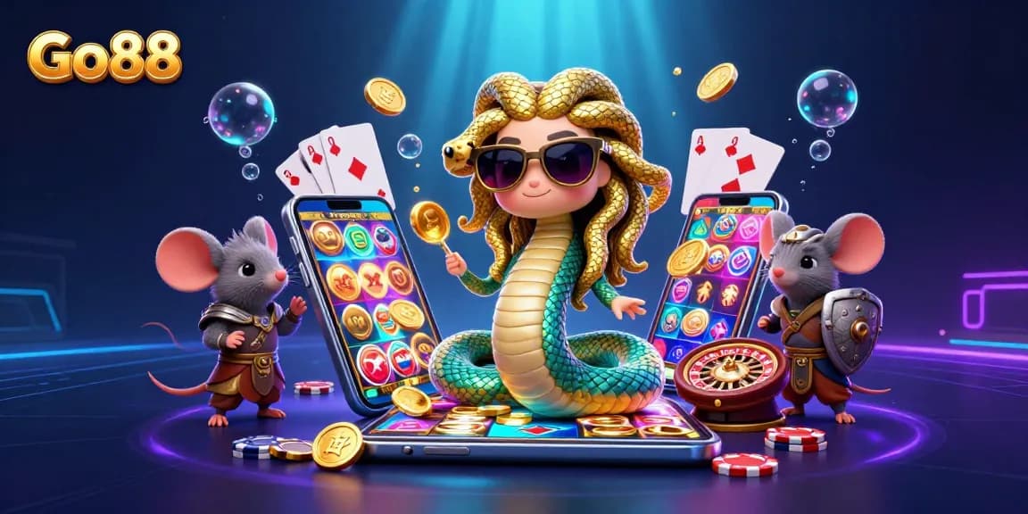 Win big at Go88 with vibrant games featuring Medusa and a warrior mouse in a playful casino scene.