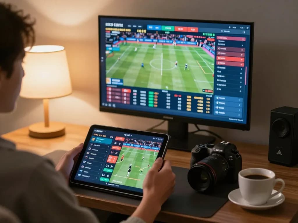 Bong99 user engaging in sports betting on a tablet while enjoying a cozy gaming setup at home.