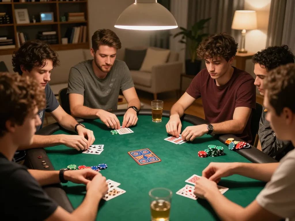 The lively home poker gathering showcases friends engaged in gameplay with sunwin-themed poker chips on the table.