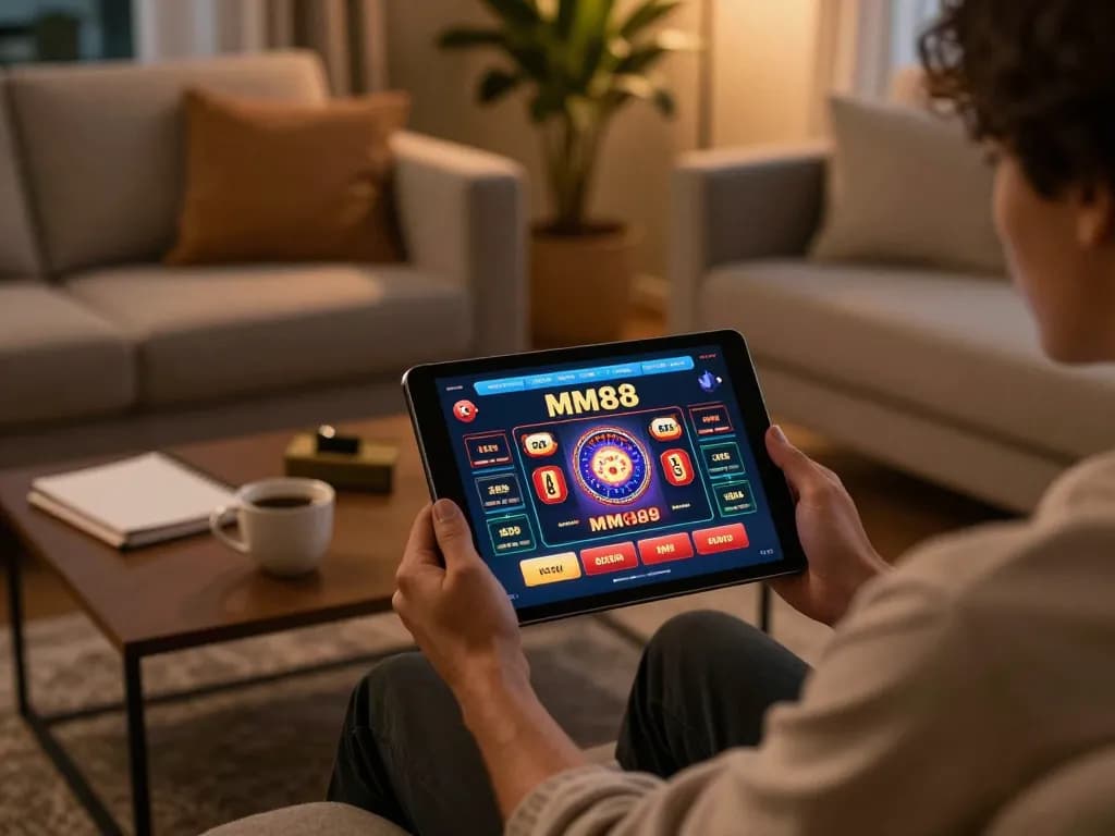 Engaged player using MM88 casino app on tablet in cozy home setting.