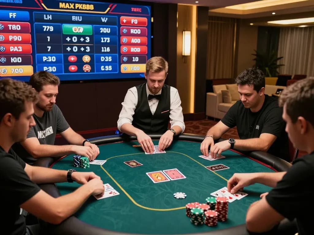 Players strategizing their wins at maxpoker88's online poker table with vibrant digital interface.