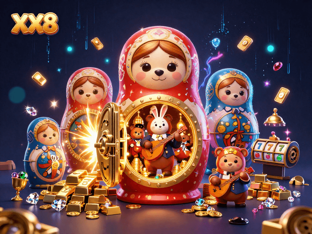 Engage with the vibrant XX8 casino scene filled with animated characters and treasure elements.