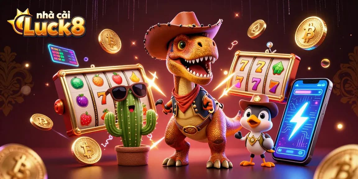 Engage with nhà cái Luck8 in a vibrant casino scene featuring playful characters and dynamic game elements.