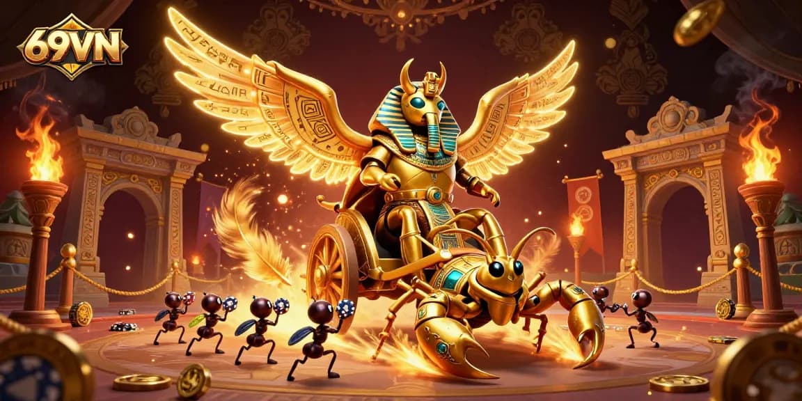 Experience the thrilling 69VN casino adventure with golden scarab beetle and vibrant gaming elements.