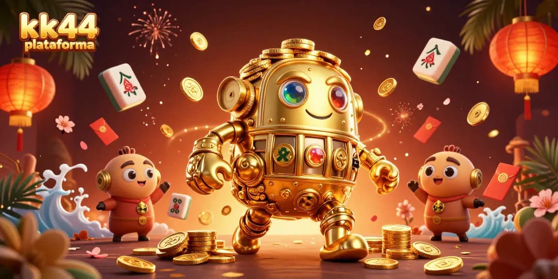 Ilustração da kk44 plataforma com um golem dourado de moedas, simbolizando jogos de cassino e diversão.