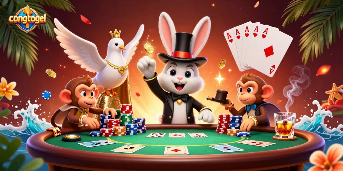 Engage with congtogel gaming excitement, featuring cartoon characters, poker elements, and vibrant casino atmosphere.