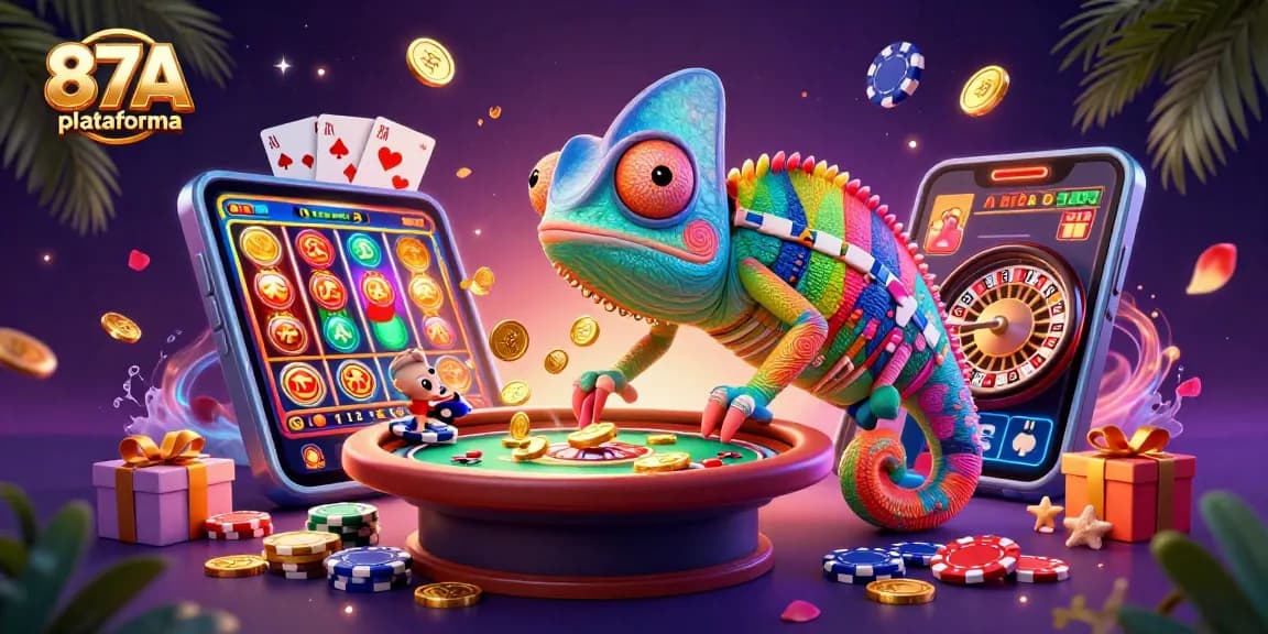 Jogando na 87A plataforma, um camaleão de cassino captura moedas douradas ao redor de jogos emocionantes.
