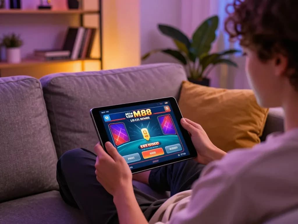 Engaging scene of a player using Nhà cái MM88 for online casino gaming on a tablet in a cozy home environment.