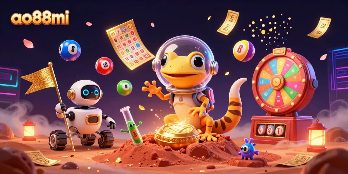 Bet big with ao88mi at a colorful alien casino, featuring dynamic lottery balls and vibrant gaming elements.