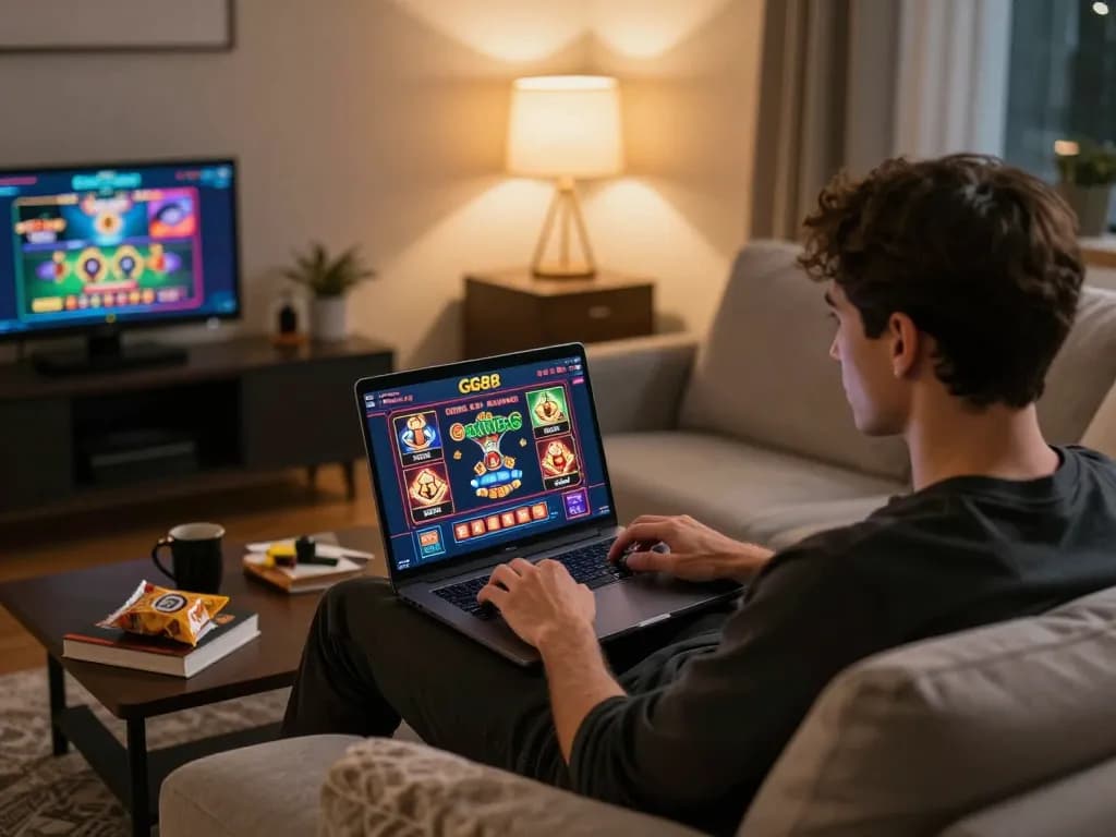 Enjoying an online gaming session with GG88's vibrant casino interface on a laptop at home