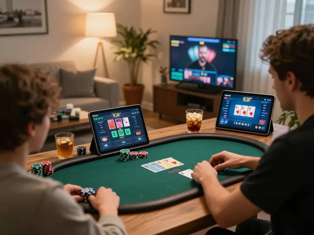 Players using KJC online poker platform in a cozy home setting, showcasing remote gameplay excitement.
