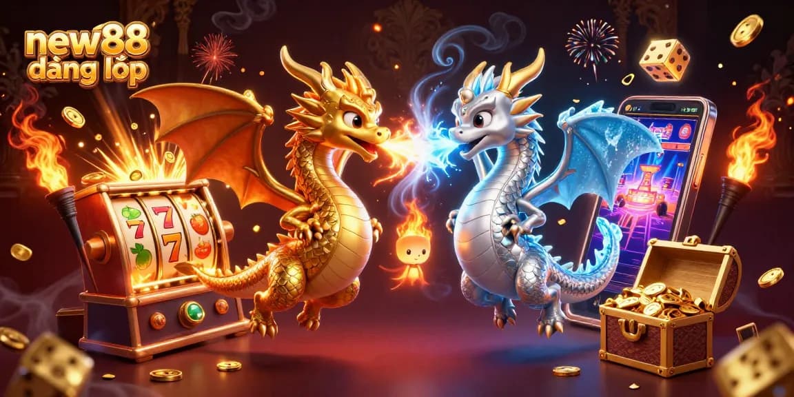 Engage in exciting new88 đăng nhập experiences with twin dragons battling fire and ice amid casino treasures.
