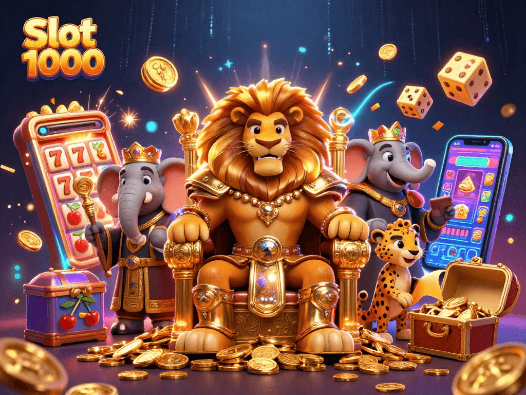 Experience big wins with Slot 1000 in a vibrant and dynamic casino scene featuring rich characters and game elements.