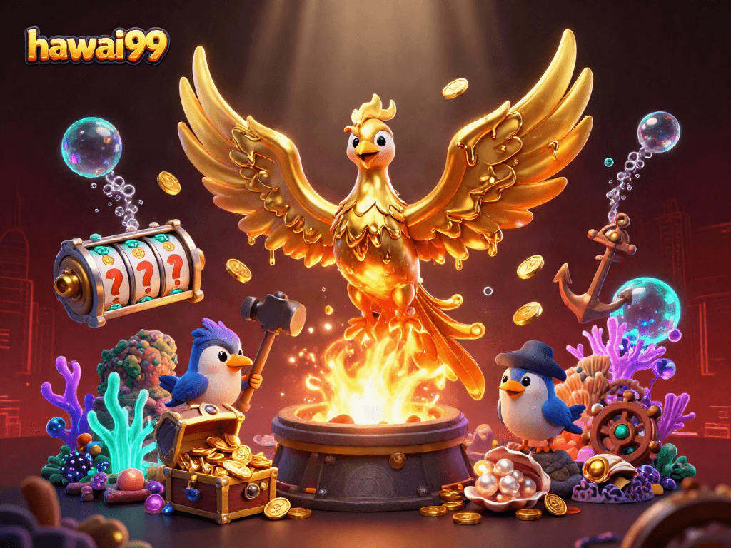 Experience the thrill of winning with hawai99's molten golden phoenix in a vibrant casino scene.