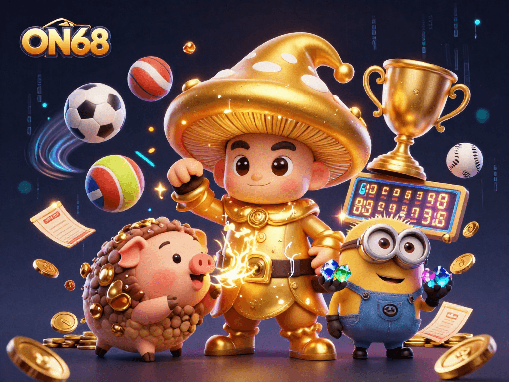 Join the magic of ON68 with a golden mushroom wizard amidst sports and casino elements in action!