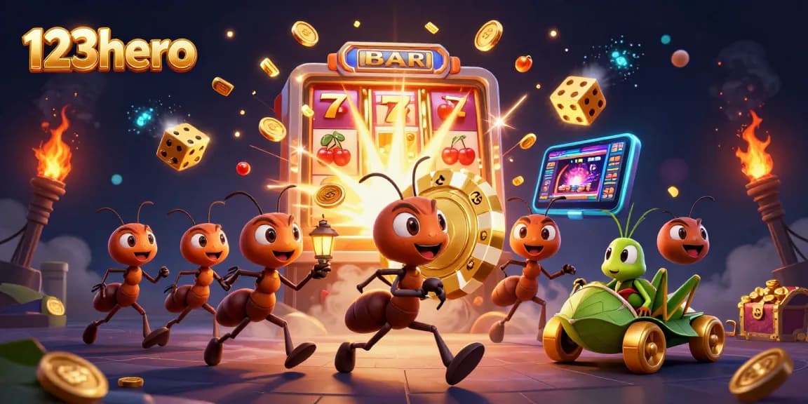 Experience thrill with 123hero by witnessing cartoon ants in a heist amidst vibrant casino elements.