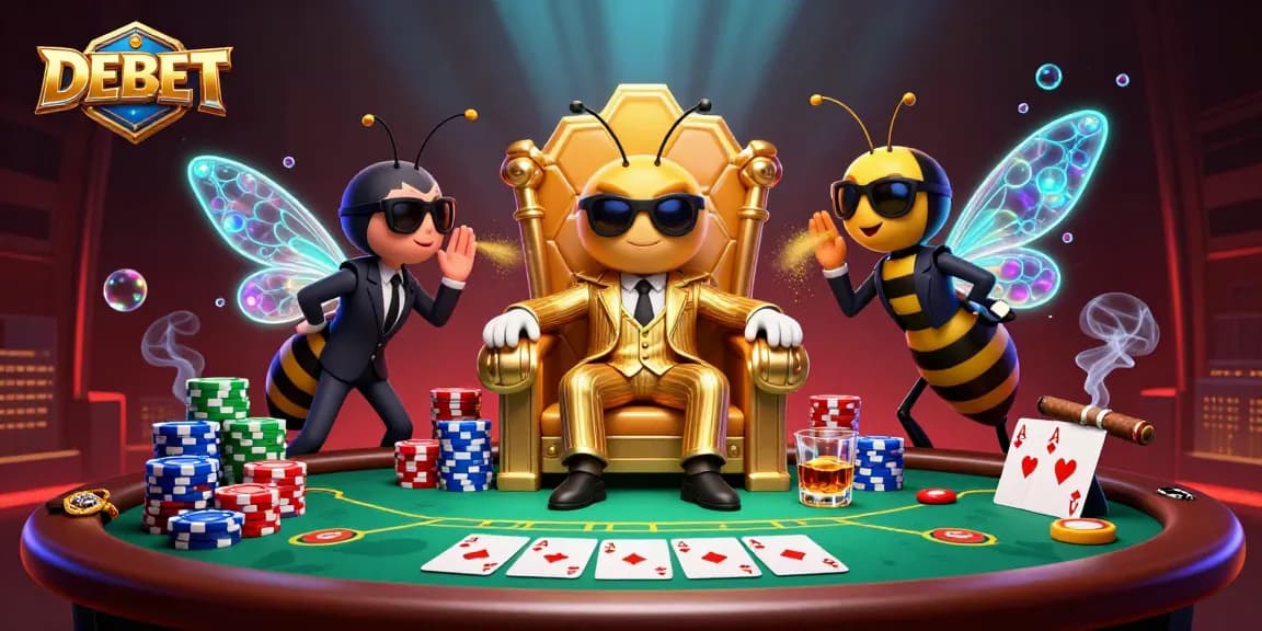 Engage with DEBET's immersive poker scene, featuring a rich 3D illustration of characters and game elements.