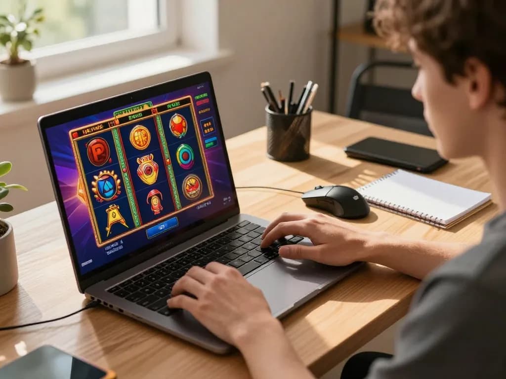 Person engaged in online slot gaming with Pragmaticplay on a sleek laptop, showcasing vibrant graphics and modern setup.