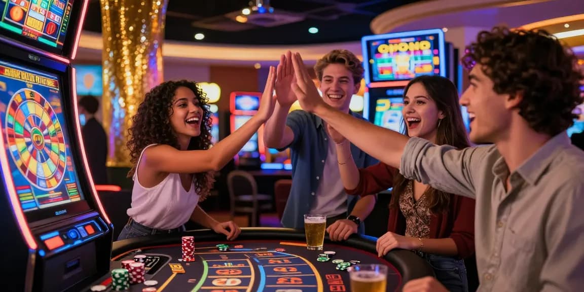 Group of friends enjoying an exciting game of HWGSLOT at a vibrant casino table, celebrating wins and camaraderie.