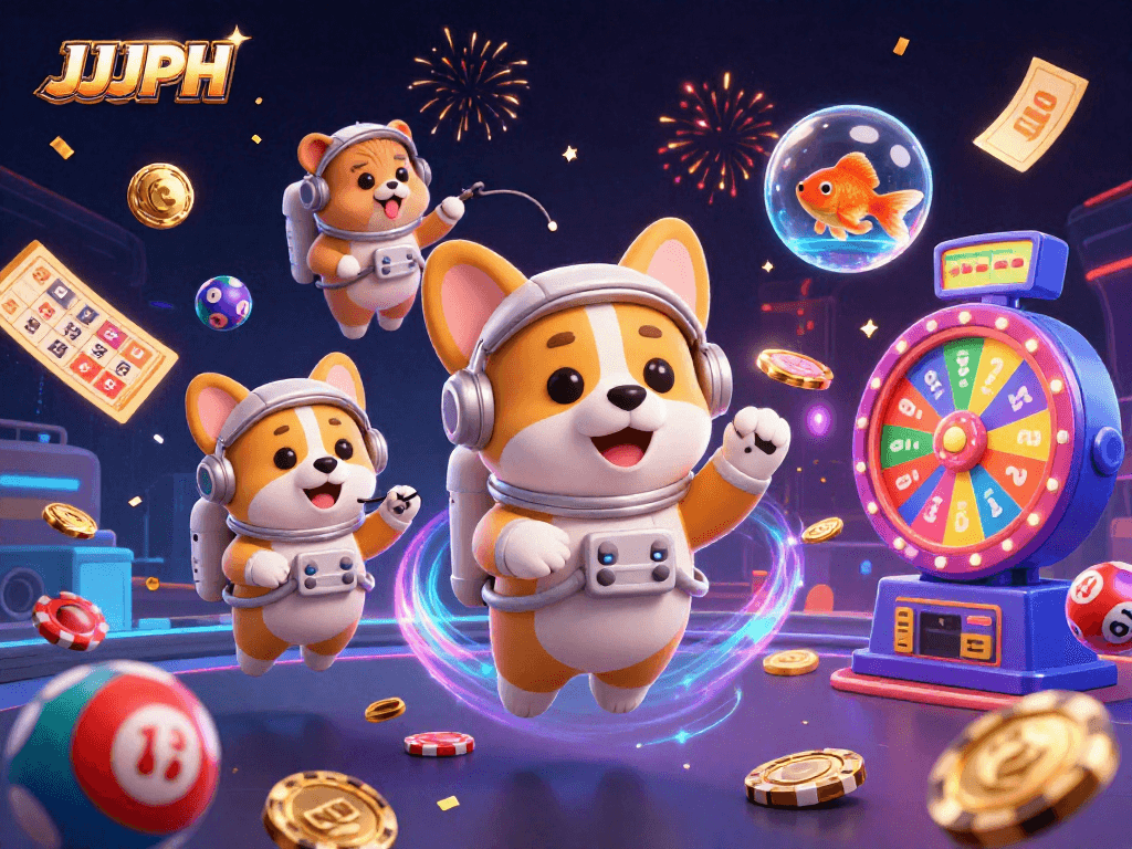 Engaging scene featuring JJJPH in a vibrant space station casino with floating gaming elements.