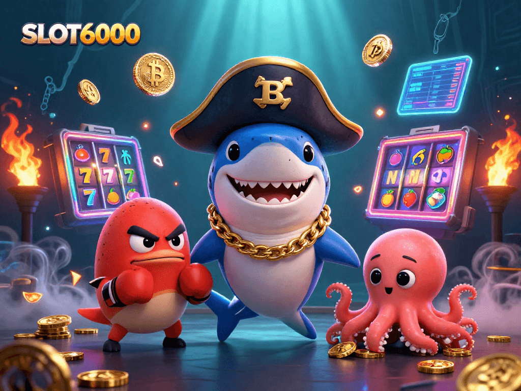 SLOT6000 unveils a vibrant casino scene with a cool pirate shark, a fierce pufferfish, and an octopus holding treasures.