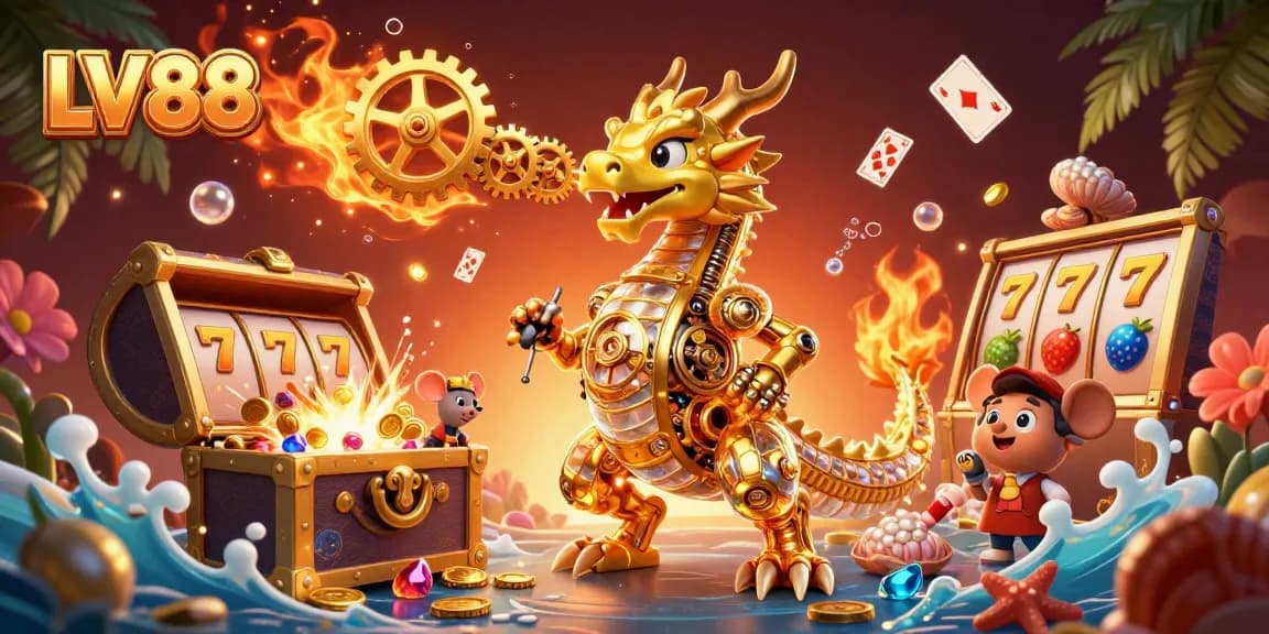 Experience thrilling moments at LV88 with a golden dragon and treasure-themed 3D casino illustration.