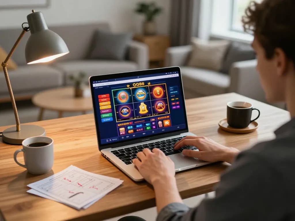Player enjoying online games on QQ88 from a stylish home setup with laptop and motivational notes.
