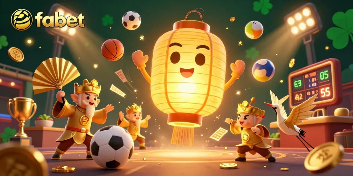 Engage with fabet's thrilling casino experience illuminated by a glowing golden lantern spirit and surrounded by dynamic sports elements.