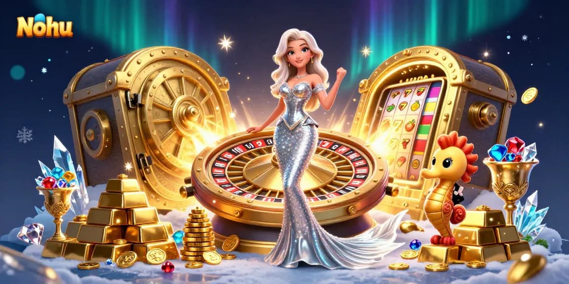 Nohu showcases an immersive casino scene with sparkling treasures and dynamic slot elements.