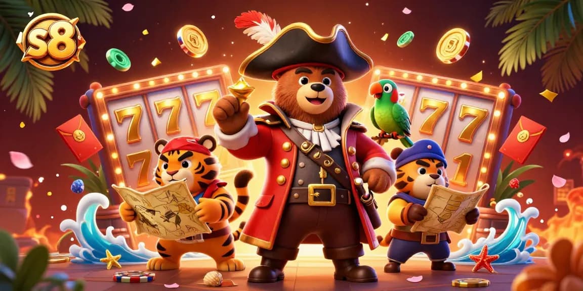 Experience thrilling slots action with s8's vibrant characters and jackpot elements in a lively casino scene.