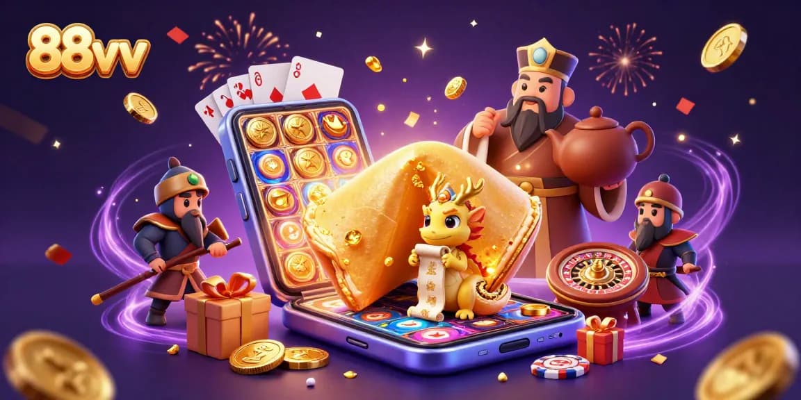 Engage with 88vv's vibrant casino world featuring a golden fortune cookie and dynamic gaming elements.