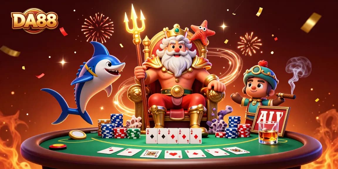 Experience the thrill of DA88 with Neptune and a poker showdown in a vibrant 3D scene.
