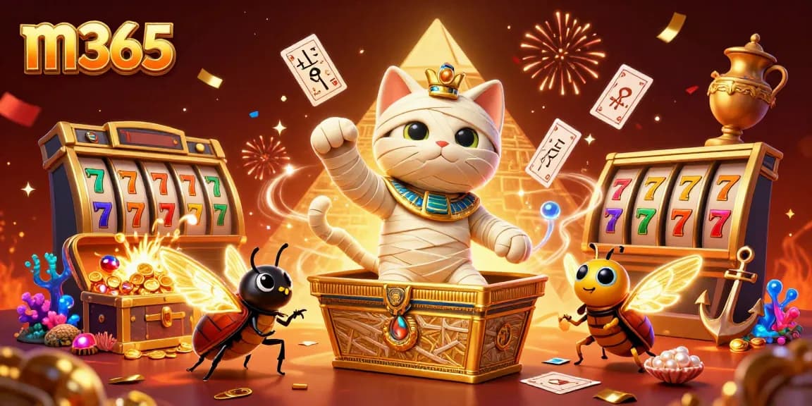 The m365 platform showcases vibrant casino elements with an Egyptian mummy cat character amidst slot reels and rich decorations.