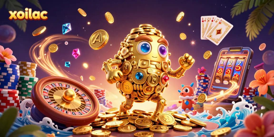 Experience exciting gaming at xoilac with a dynamic golden golem and dazzling casino elements.